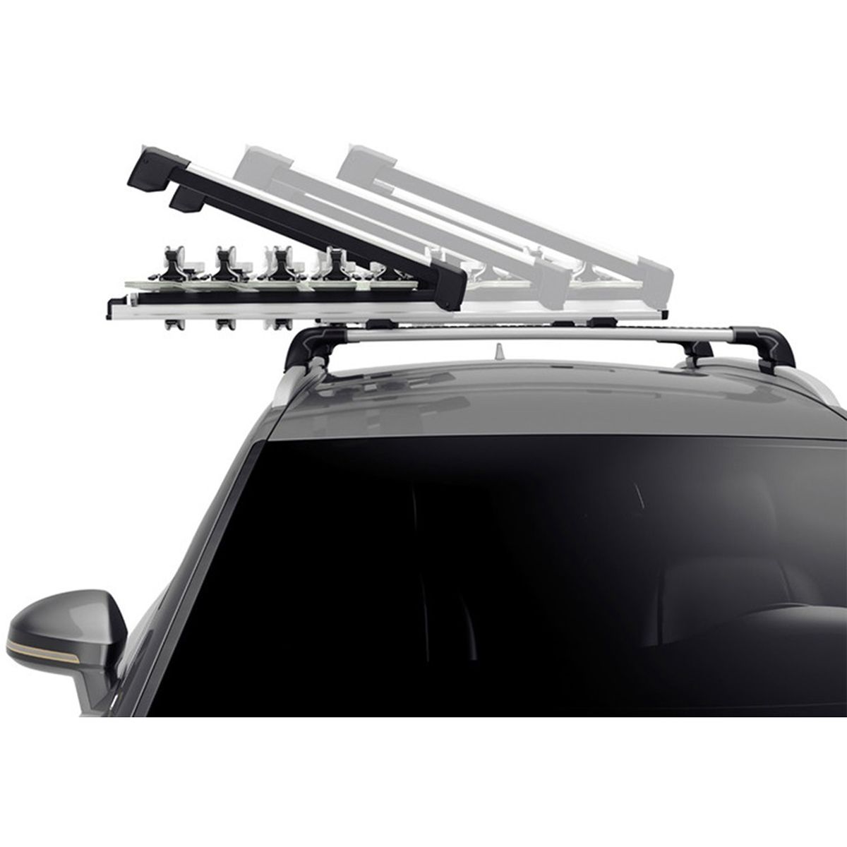 Suport 5 perechi schiuri Thule SnowPack Extender 7325 Argintiu cu prindere pe bare transversale aluminiu cu profil T